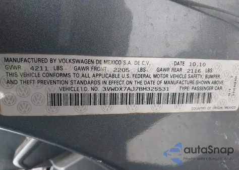 2011 Volkswagen Jetta 2.5L Se из США, поврежденный, VIN 3VWDX7AJ7BM325531